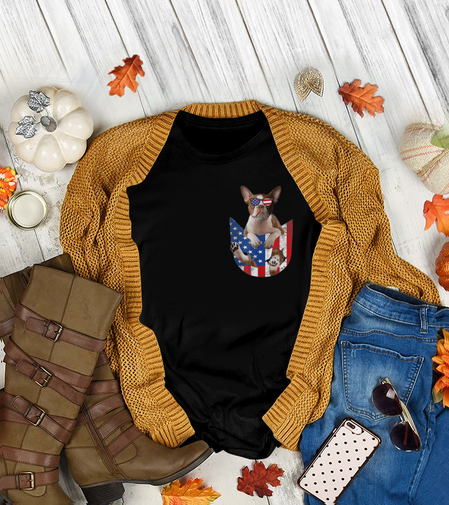 Boston Terrier American Flag Glasses Fourth of July Inside Pocket USA Independence Day T-Shirt