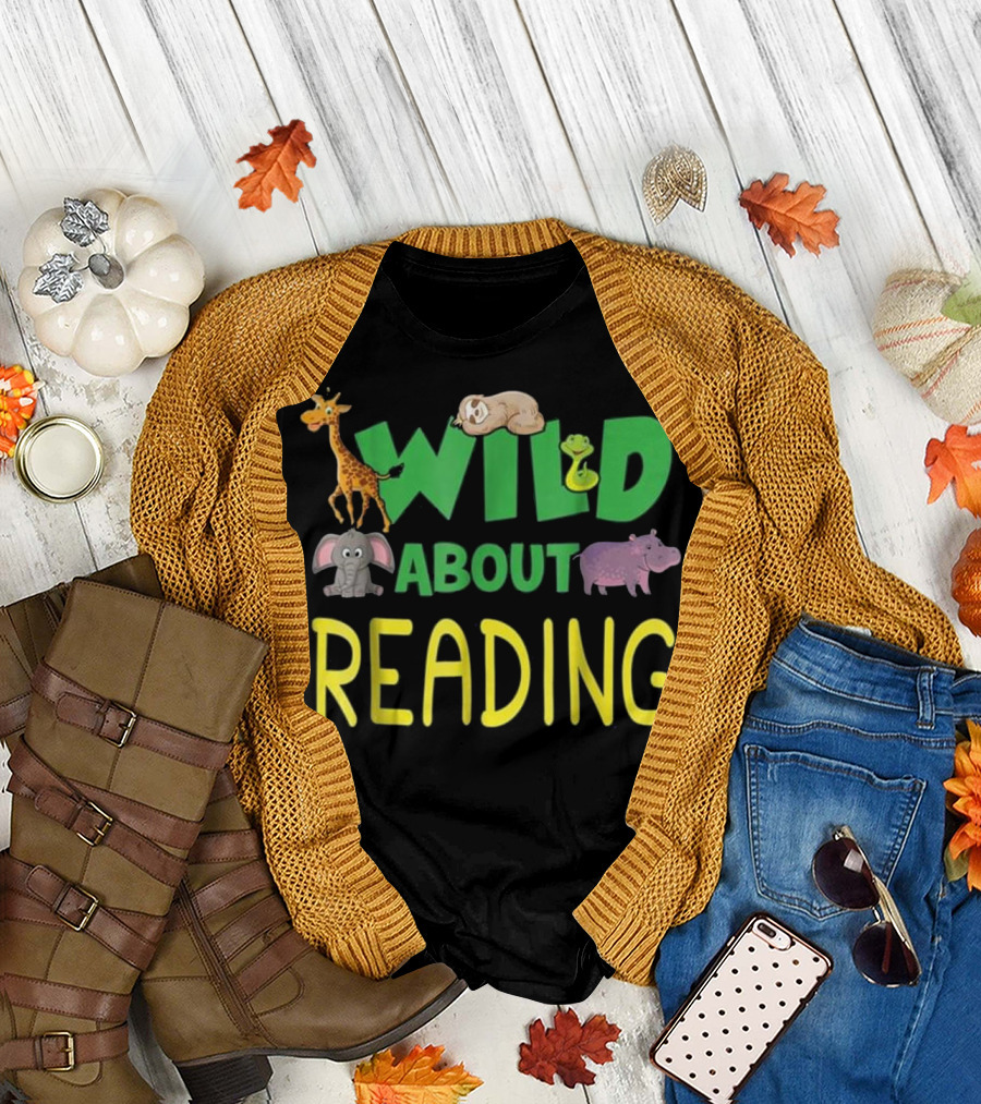 Wild About Reading Back to Sch Jungle Animals Giraffe Sloth Frog Elephant Hippo T-Shirt