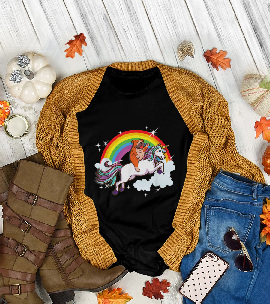 English Bulldog Joyfully Riding a Magical Unicorn Over Vibrant Rainbow and Clouds T-Shirt