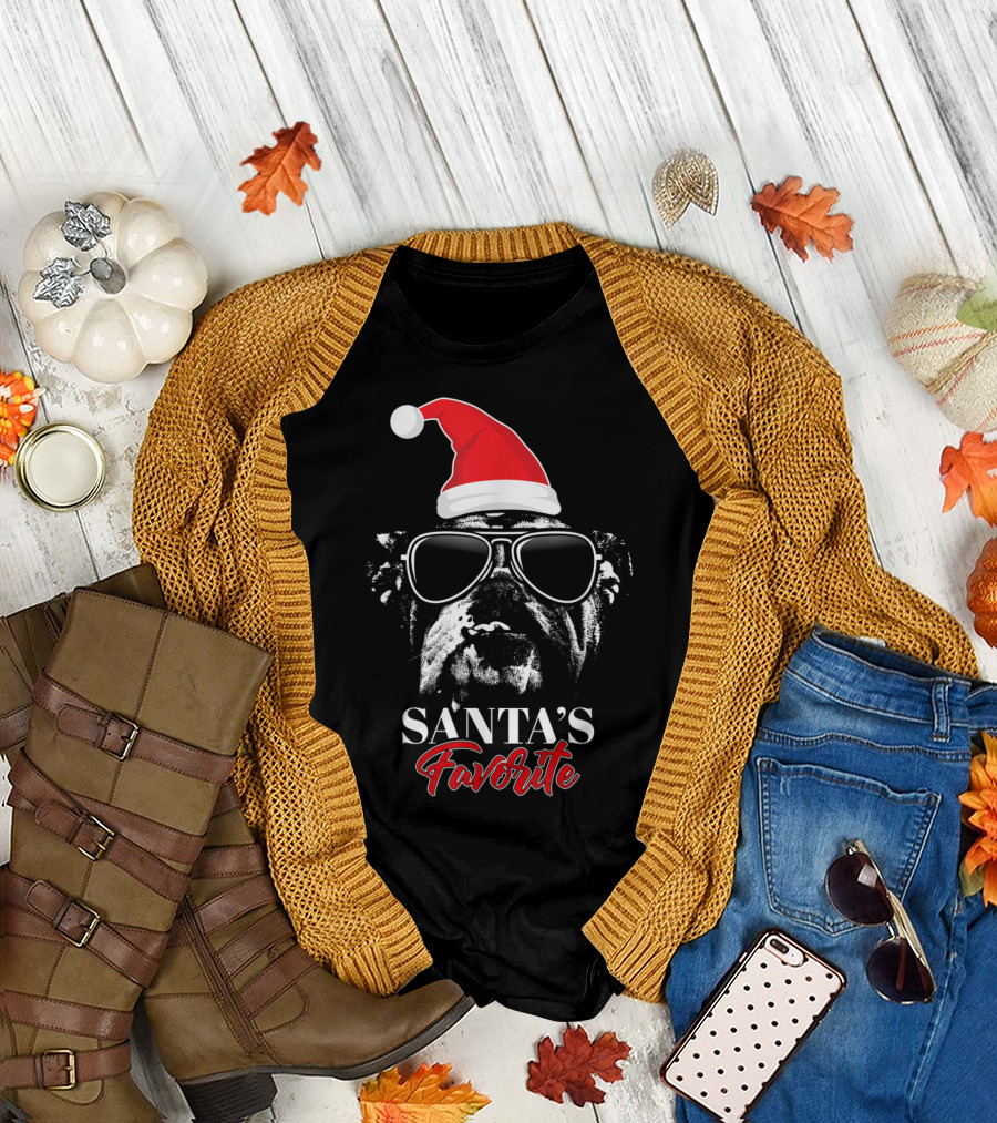 Santa's Favorite English Bulldog with Sunglasses in Festive Hat T-Shirt
