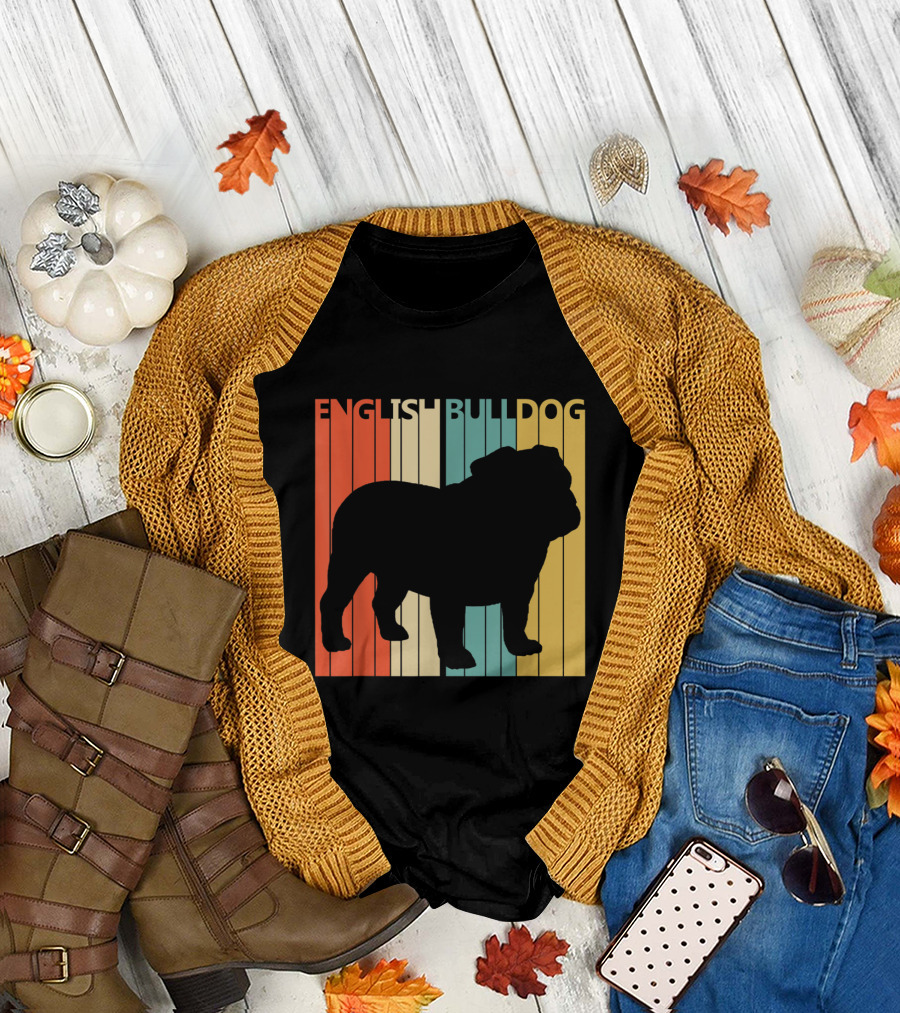 English Bulldog Silhouette Retro Stripes T-Shirt