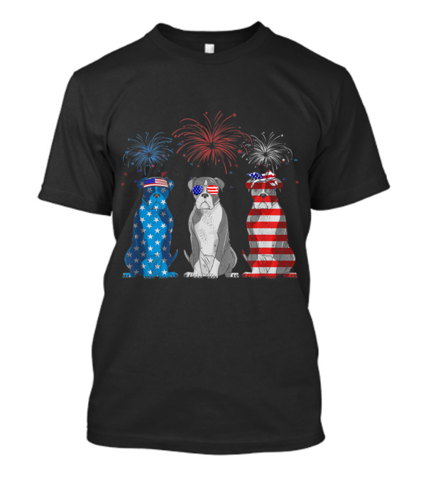 Boxer American Flag USA Fireworks Patriotic Bulldog Trio T-Shirt