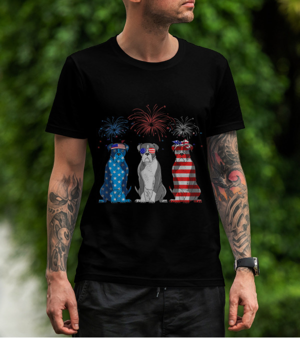 Boxer American Flag USA Fireworks Patriotic Bulldog Trio T-Shirt