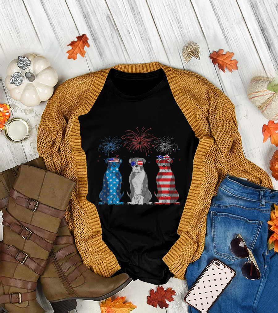 Boxer American Flag USA Fireworks Patriotic Bulldog Trio T-Shirt