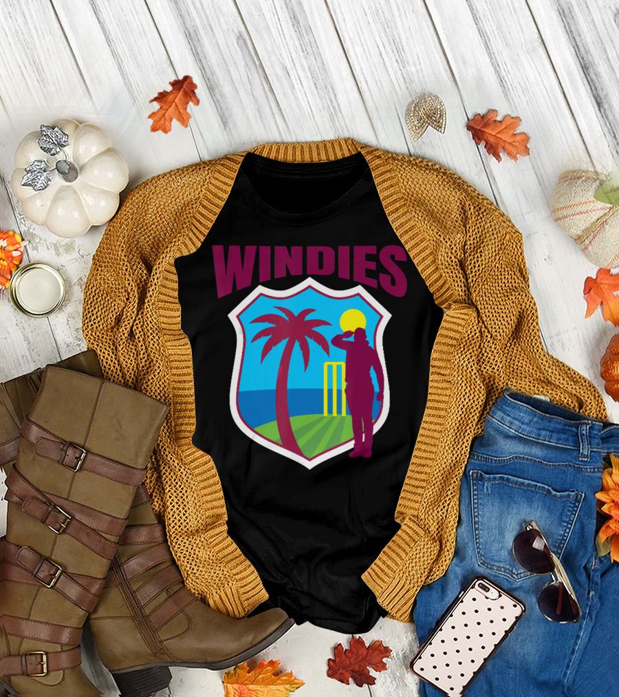 Windies Caribbean Cricketer Tropical Sunset Silhouette Crest T-Shirt