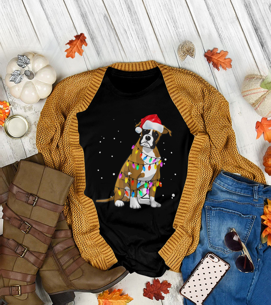 Boxer Christmas Boxer Dog Lights Santa Hat T-Shirt