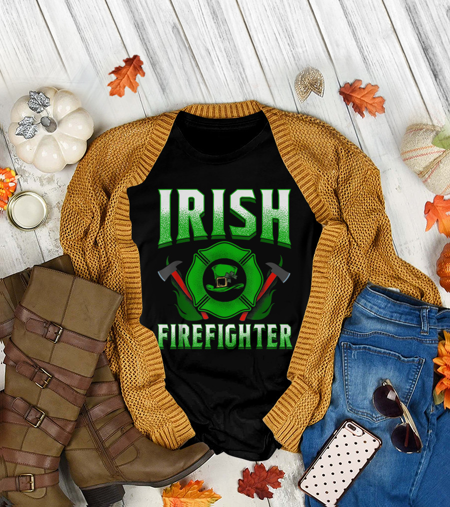 Irish Firefighter Green Maltese Cross and Hat T-Shirt
