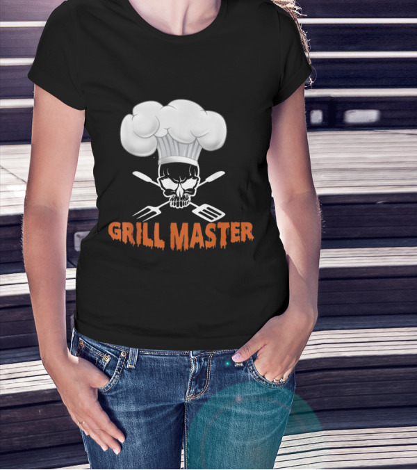 Grill Master Skull Chef With Cap And Crossed Utensils T-Shirt