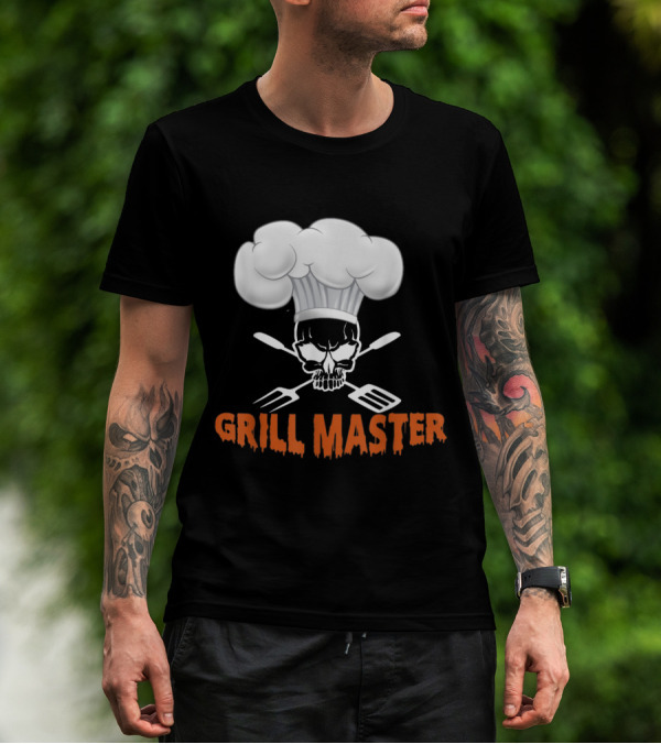Grill Master Skull Chef With Cap And Crossed Utensils T-Shirt