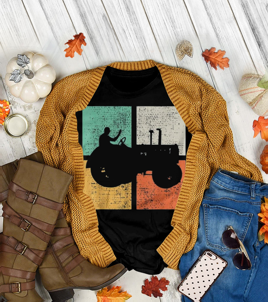 Tractor Vintage Farmer Silhouette Retro Blocks T-Shirt