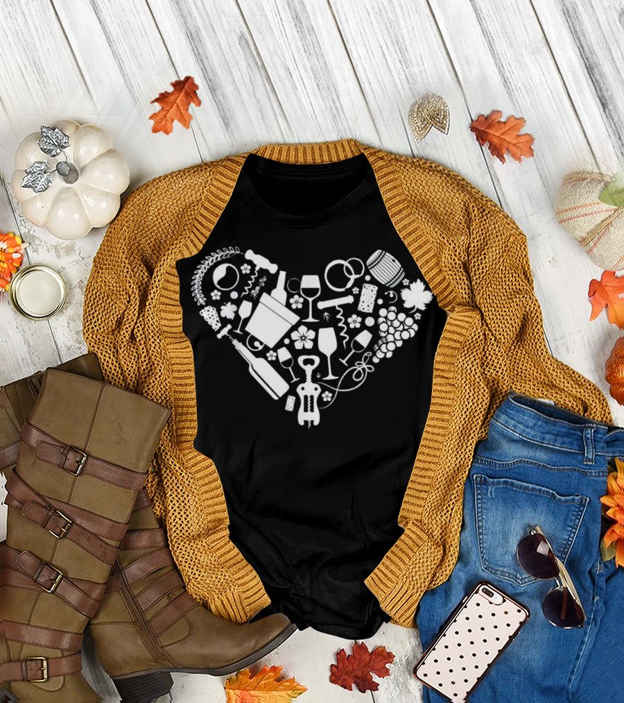 Wine Elements Heart with Corkscrews, Glasses, Grapes, Bottles, and Barrel T-Shirt