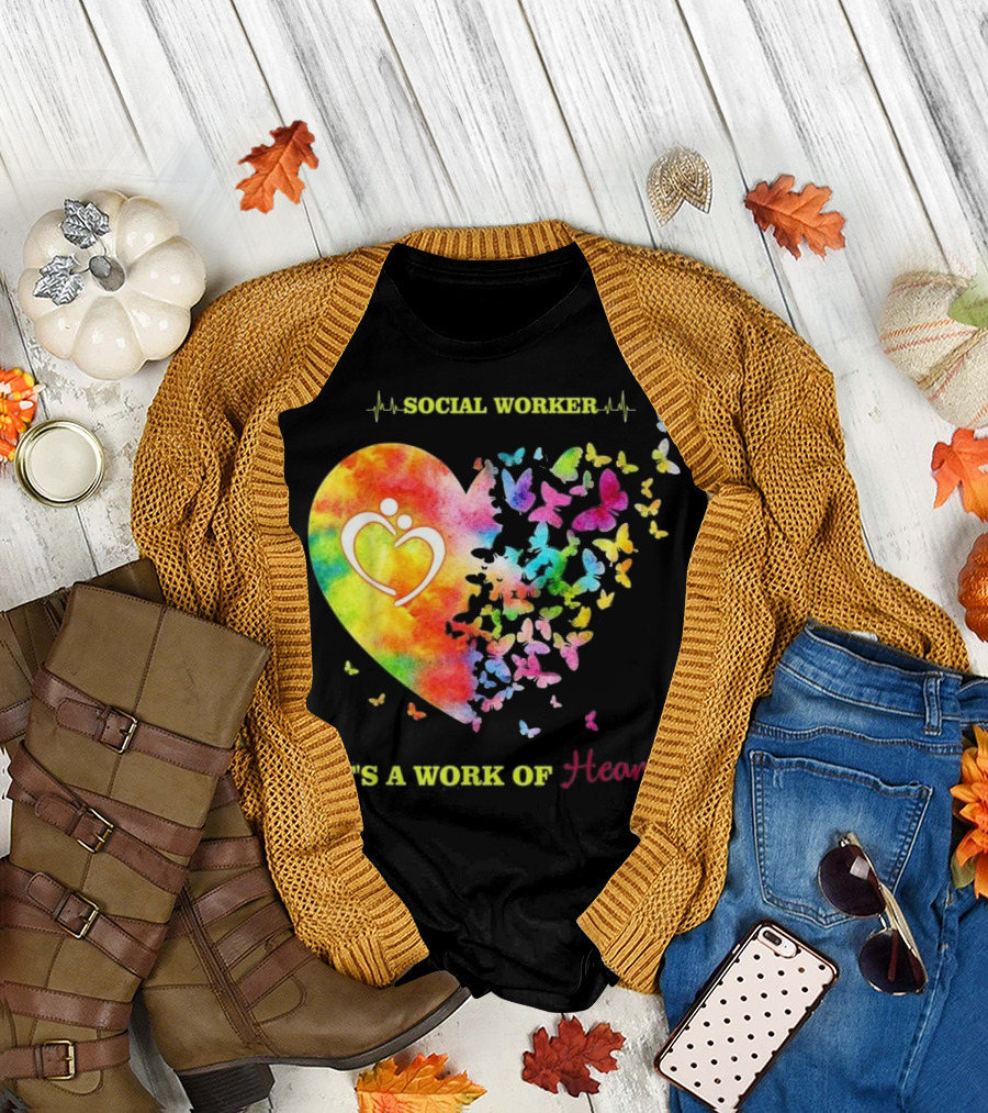 Social Worker It's A Work Of Heart Colorful Butterflies T-Shirt