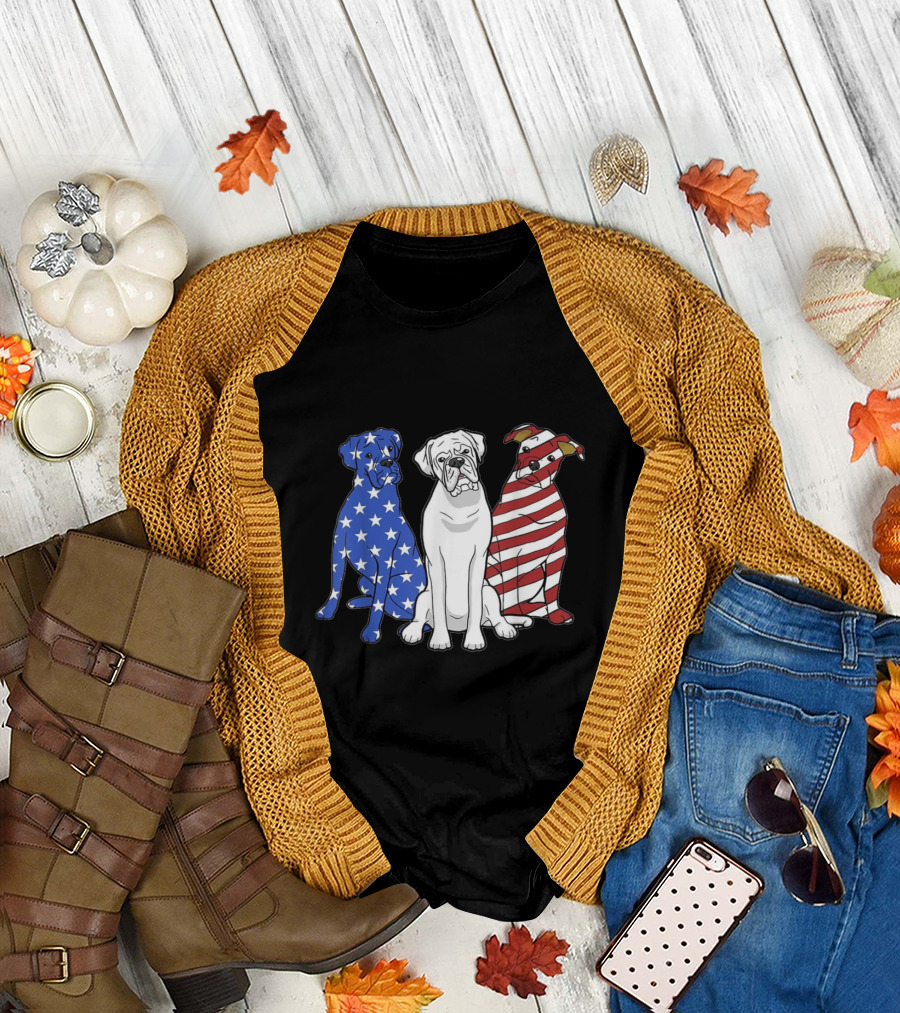 Boxer Dog Trio American Flag Stars and Stripes Merica Pat T-Shirt