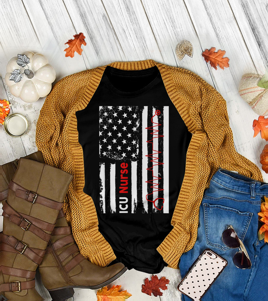 ICU Nurse American Flag Heartbeat Stethoscope T-Shirt