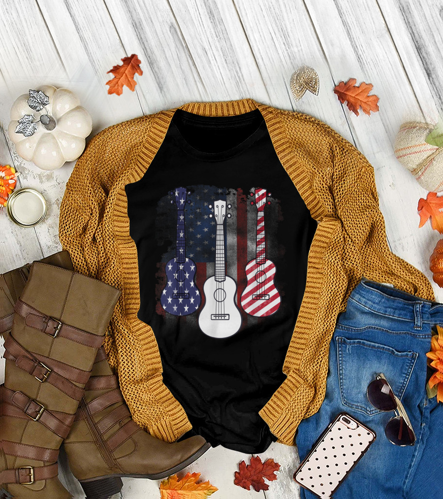 Guitar 4th of July Red White Blue American Flag T-Shirt