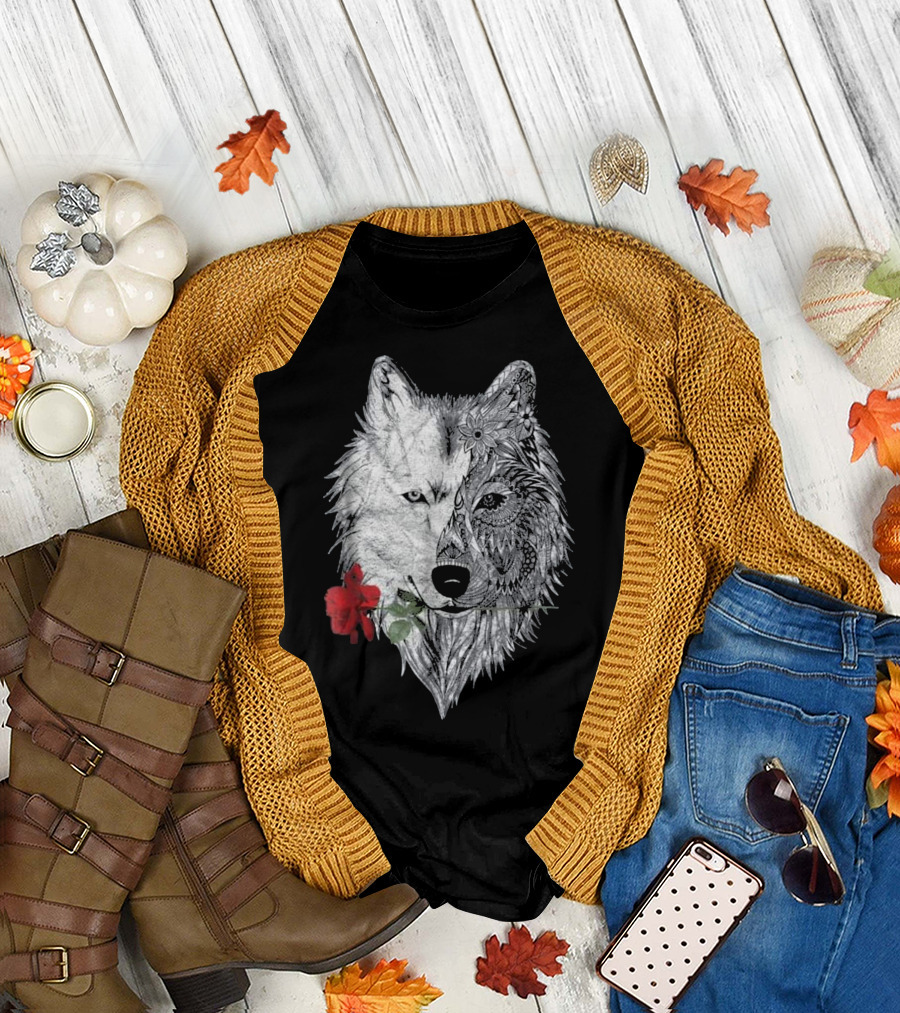 Wolf Mandala Canis Lupus Rose Duality T-Shirt