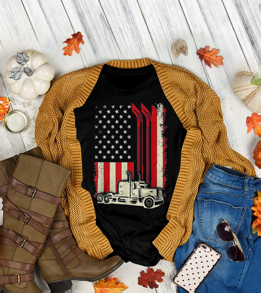 American Flag with Semi-Truck Exhaust Pipes T-Shirt