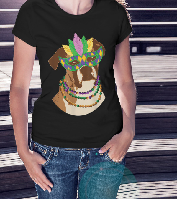 Boxer Dog Wearing Mardi Gras Mask And Beaded Necklace T-Shirt