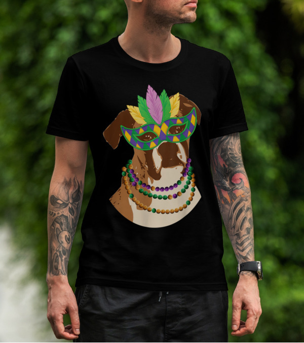 Boxer Dog Wearing Mardi Gras Mask And Beaded Necklace T-Shirt