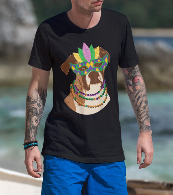 Boxer Dog Wearing Mardi Gras Mask And Beaded Necklace T-Shirt