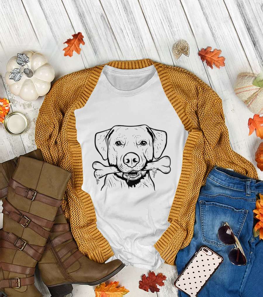 Evil Looking Labrador Holding Bone T-Shirt