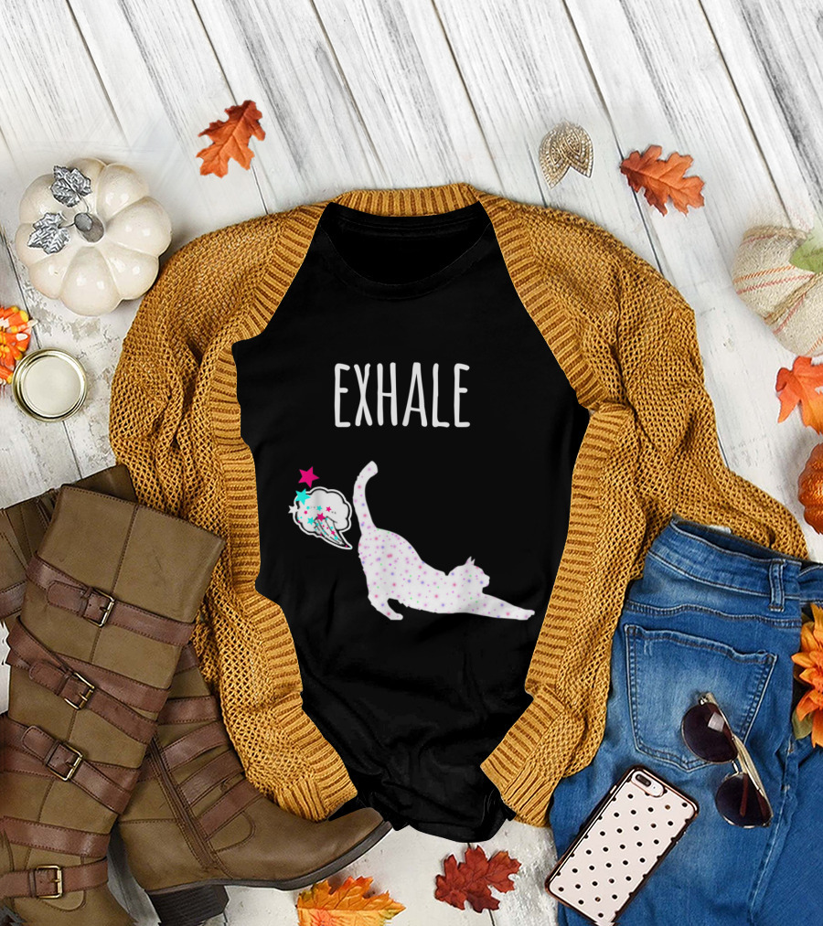 Exhale Cat Fart Funny Yoga Stretch with Stars and Colorful Clouds T-Shirt