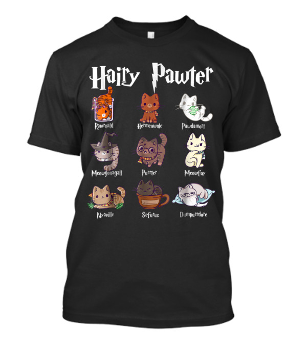 Hairy Pawter Cat Characters Rawrnald Hermiawnie Pawdamort Meowgonagall Purrter MeowFoy Nyaaville Seffius Dumblepurr T-Shirt