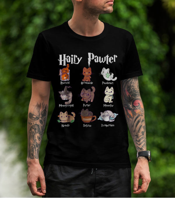 Hairy Pawter Cat Characters Rawrnald Hermiawnie Pawdamort Meowgonagall Purrter MeowFoy Nyaaville Seffius Dumblepurr T-Shirt