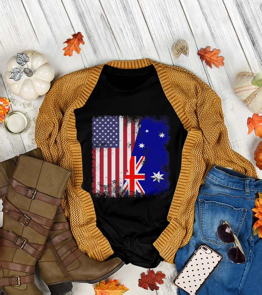 Half American Flag with Vintage Australian Flag T-Shirt