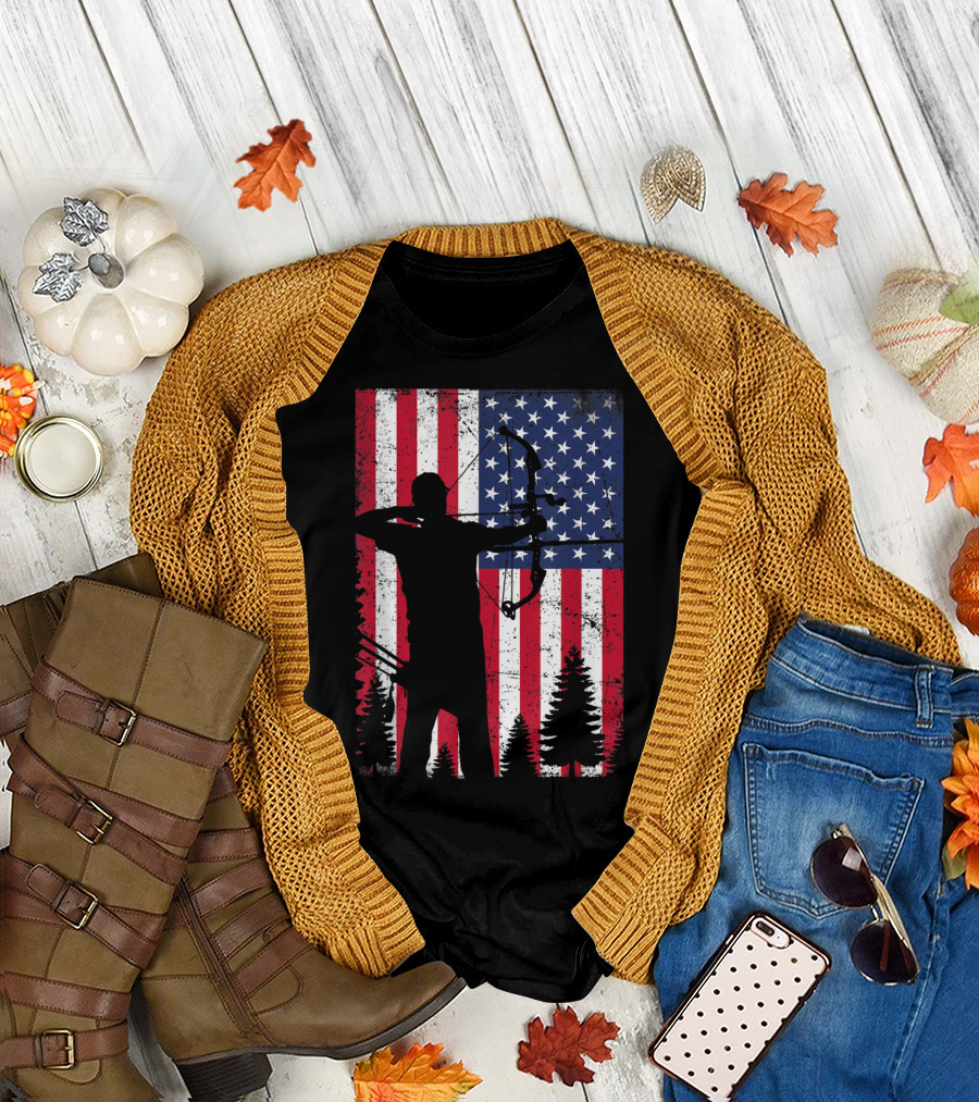 American Flag with Archer Silhouette USA Forest T-Shirt