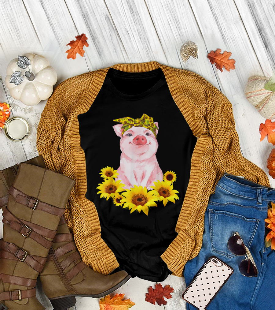 Cute Pig with Yellow Bandana Surrounded by Sunflowers T-Shirt