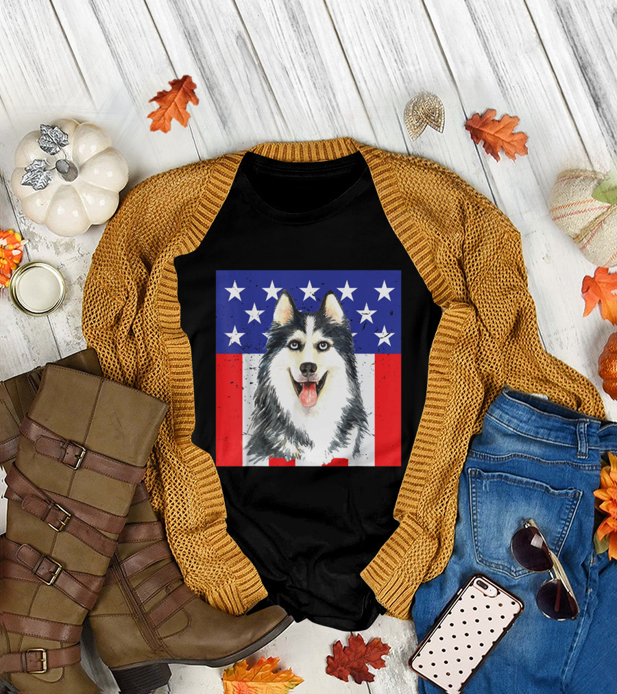 Cute Siberian Husky USA Flag Stars Stripes T-Shirt