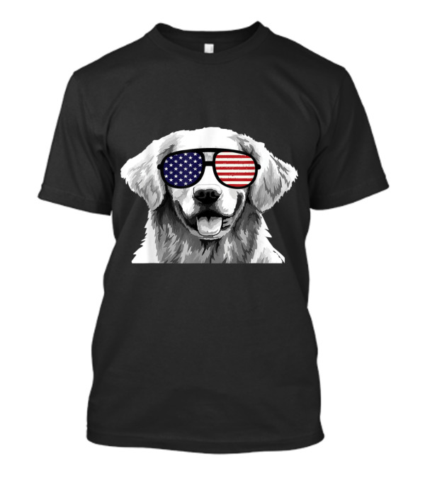 Patriotic Golden Retriever Dog With American Flag Sunglasses T-Shirt