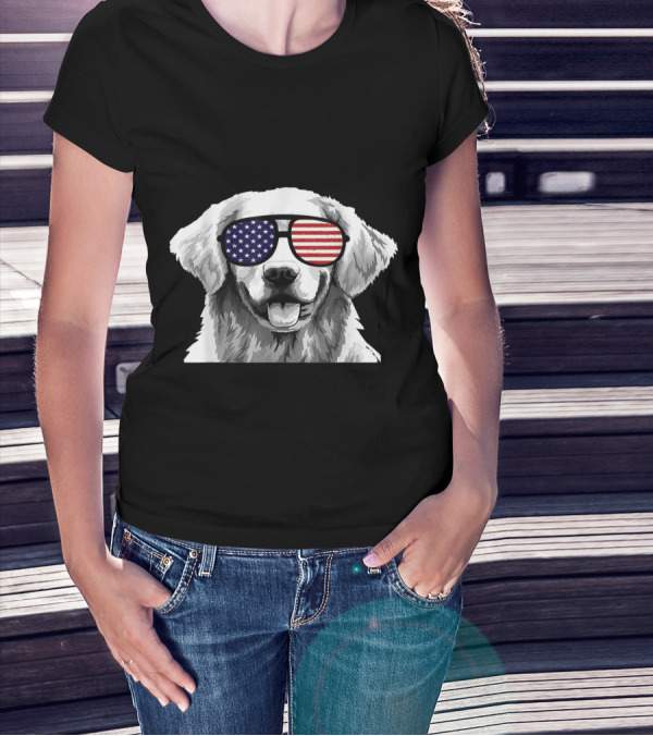 Patriotic Golden Retriever Dog With American Flag Sunglasses T-Shirt