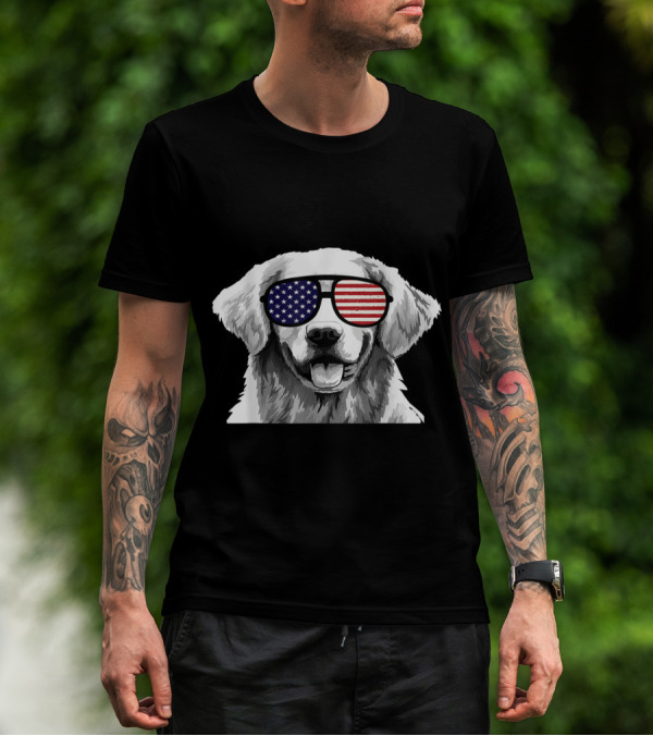 Patriotic Golden Retriever Dog With American Flag Sunglasses T-Shirt
