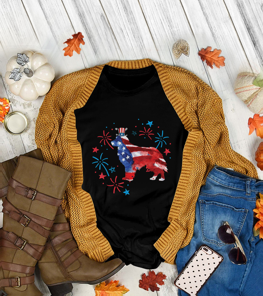 Patriotic Golden Retriever with Uncle Sam Hat and Fireworks T-Shirt