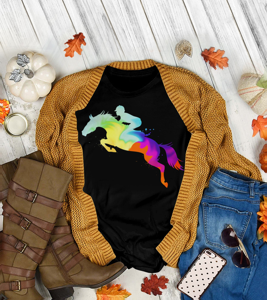 Tye Dyed Water Splashed Horse and Rider Rainbow T-Shirt