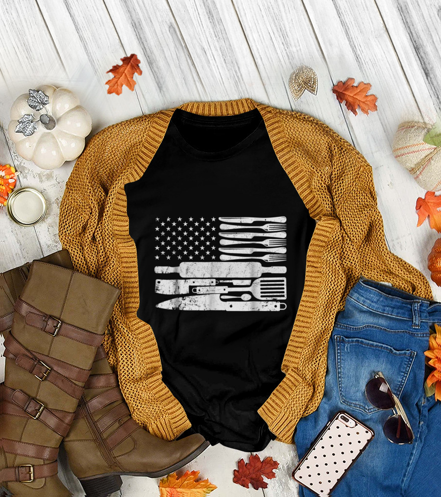 Happy Chef Cooking Utensils American Flag T-Shirt
