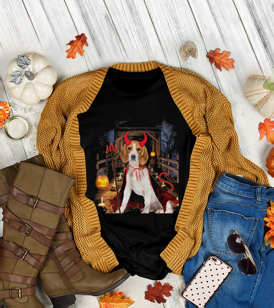 Happy Halloween Beagle Lover Funny Beagle Dog Devil Costume Jack-o'-Lanterns Bridge T-Shirt