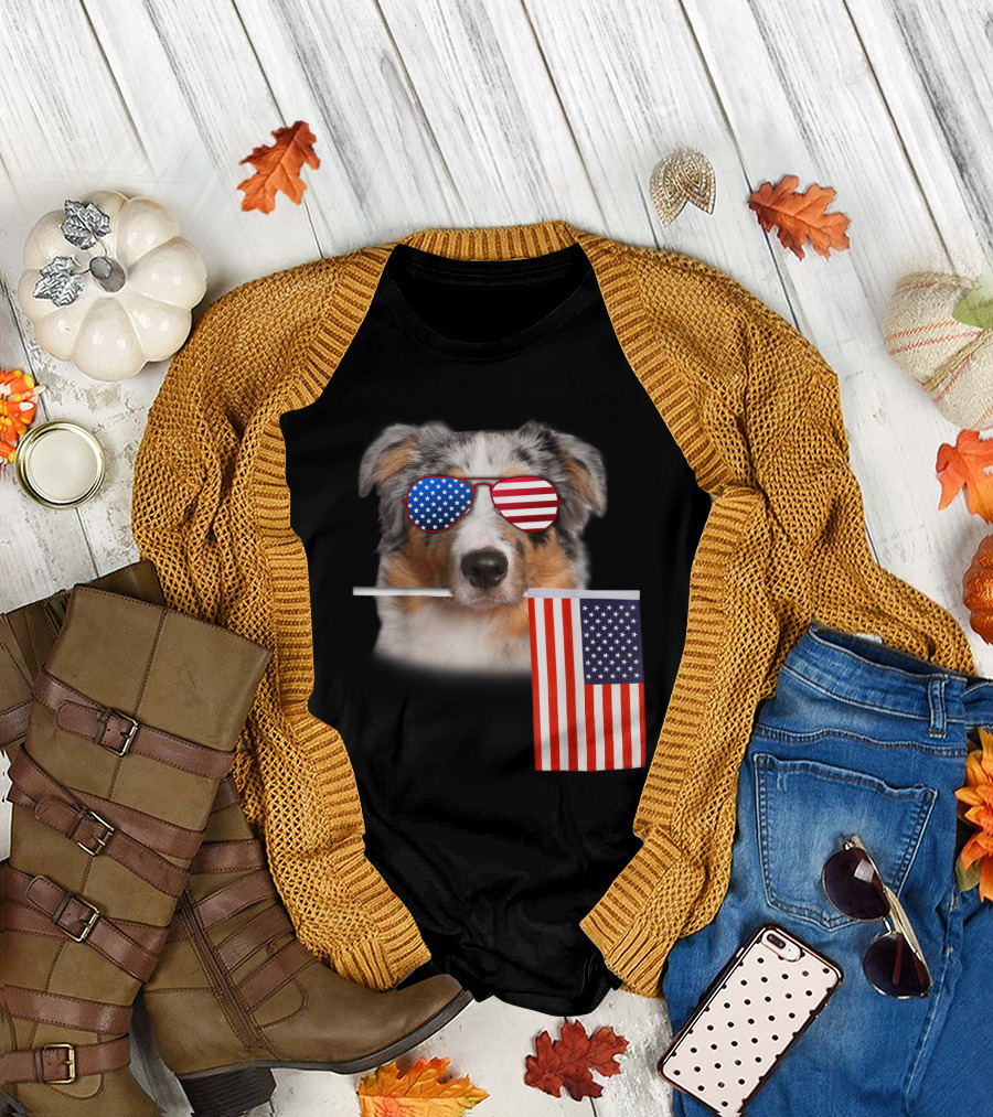 Aussie Dog Merica American Flag 4th of July T-Shirt