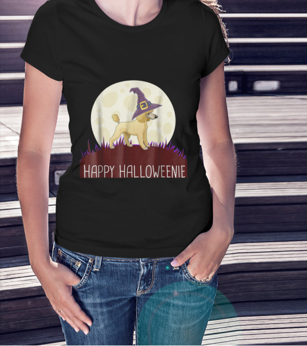 Happy Halloweenie Witch Hat Poodle In Full Moon T-Shirt