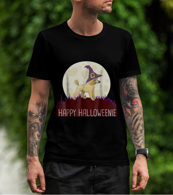 Happy Halloweenie Witch Hat Poodle In Full Moon T-Shirt