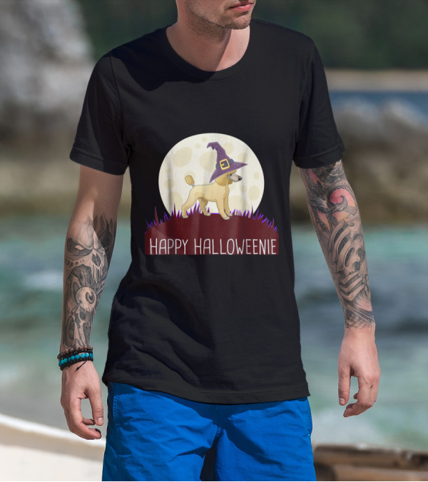 Happy Halloweenie Witch Hat Poodle In Full Moon T-Shirt