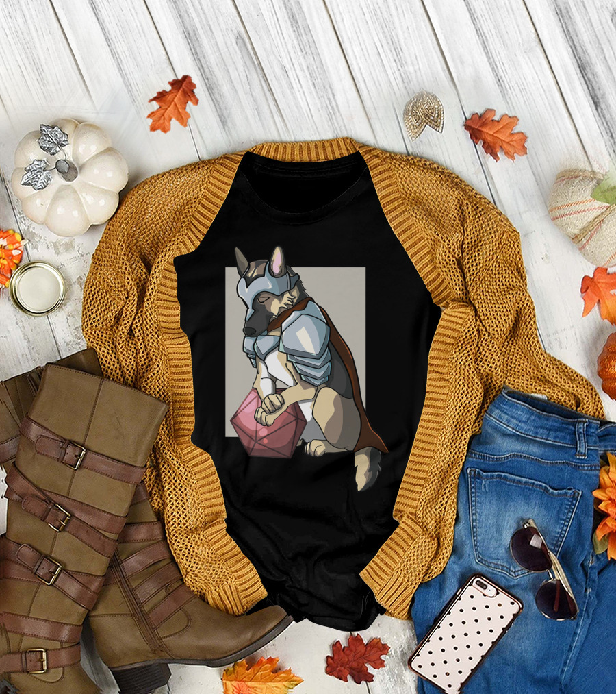 German Shepherd in Armor with D20 Dice Tabletop Role T-Shirt