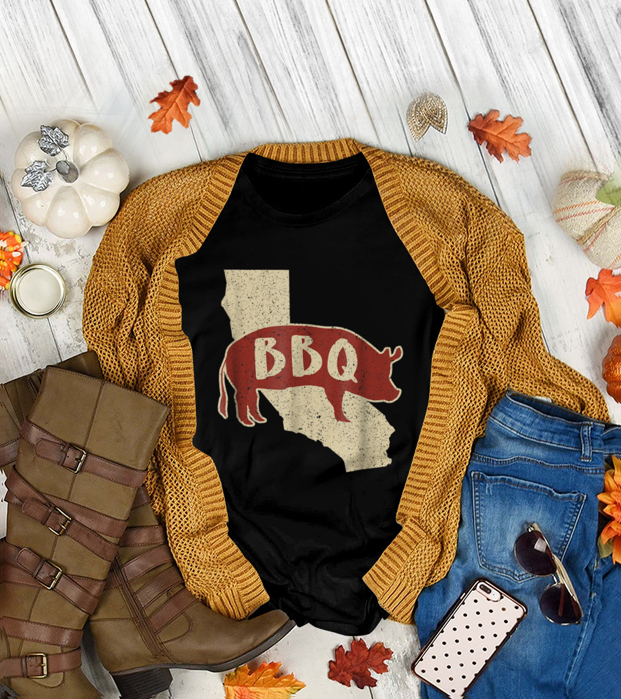 California BBQ Pig Silhouette on State Map T-Shirt