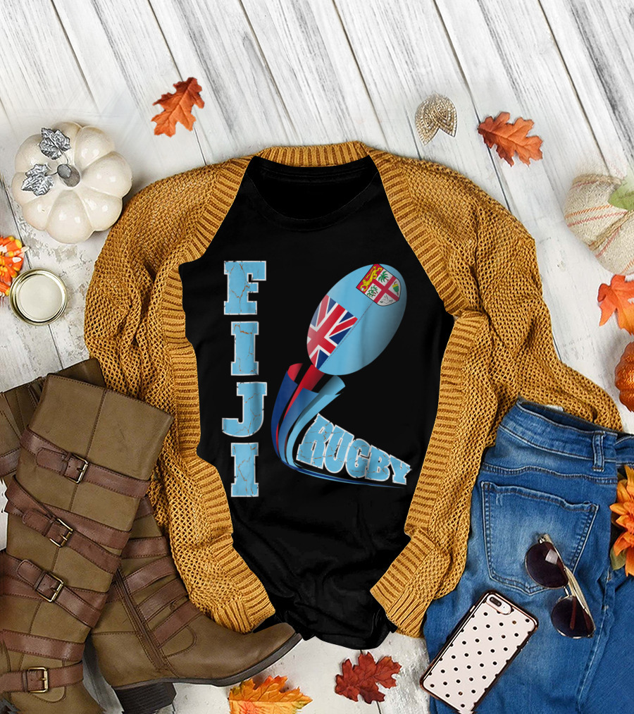 Fiji Rugby Distressed Marbled Text Union Jack Logo Ball T-Shirt
