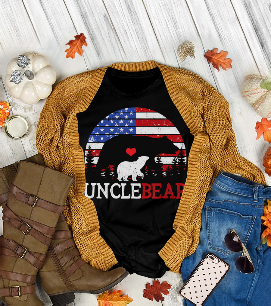 Uncle Bear American Flag Heart Forest Silhouette 4th of July T-Shirt
