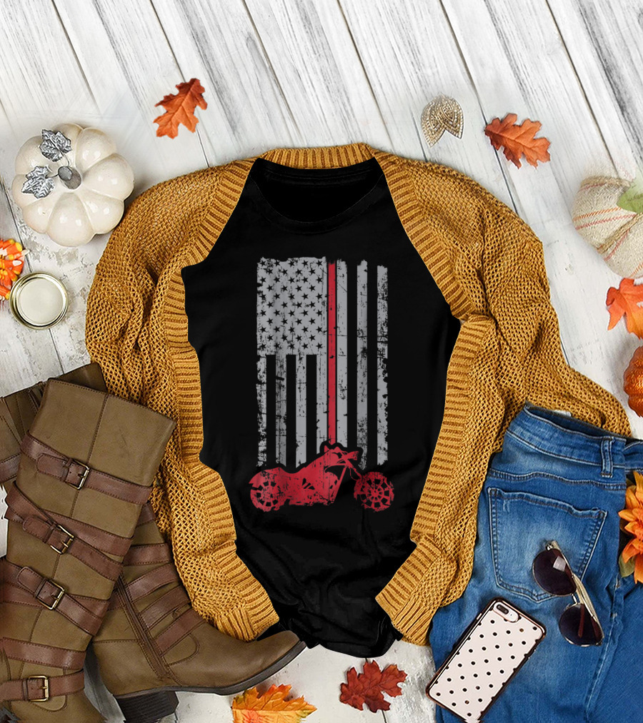 Firefighter Biker Thin Red Line USA American Flag Motorcycle T-Shirt