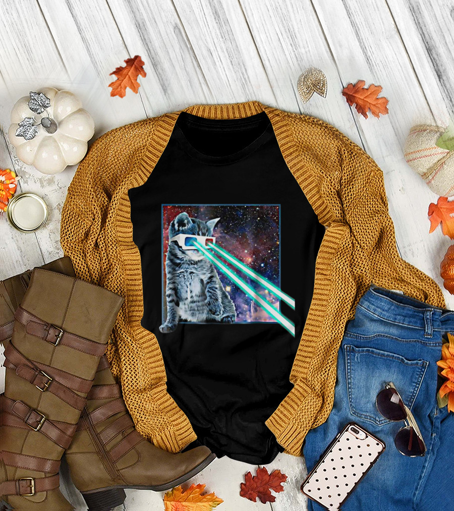Captain Laser Cat 3D Glasses Space Galaxy Laser Beams T-Shirt