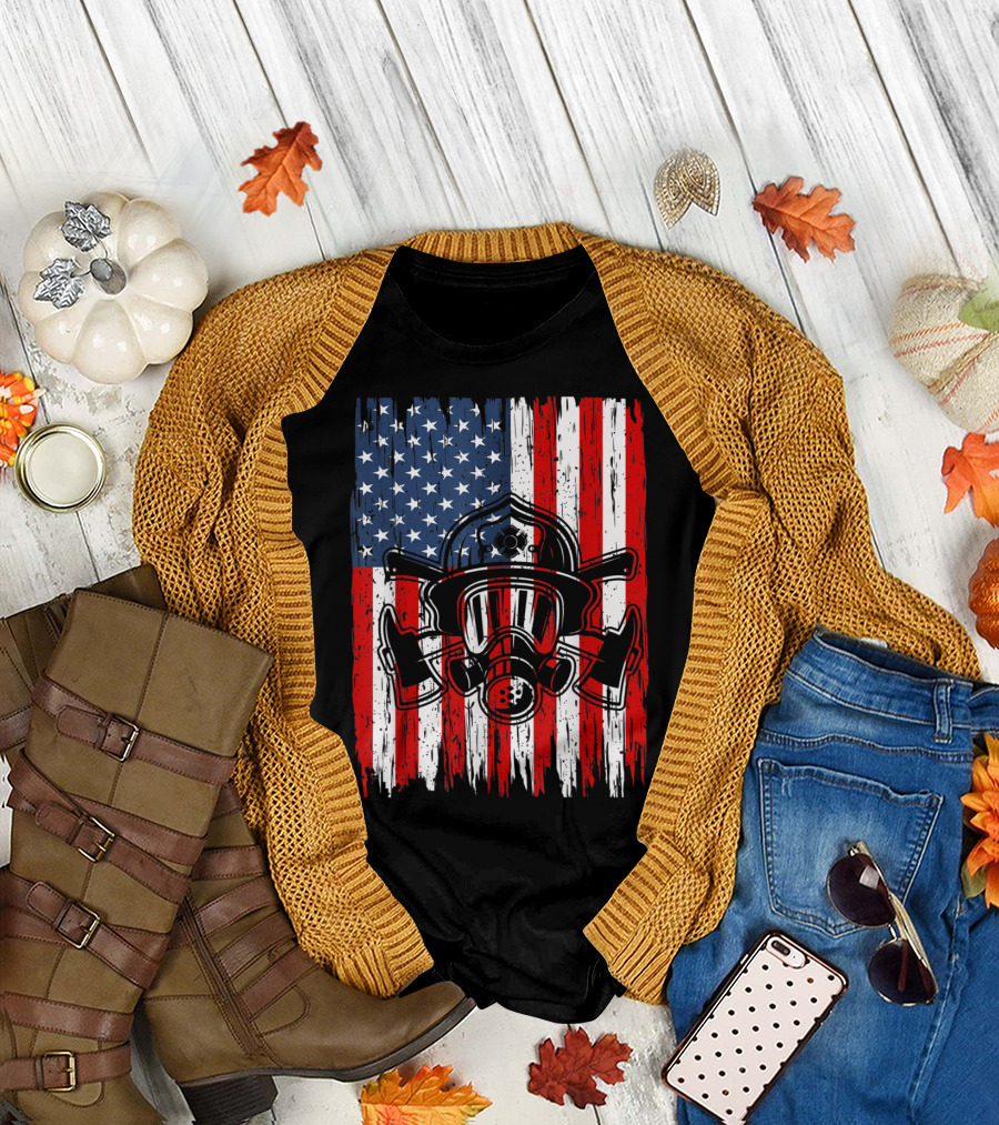 Firefighter Mask with American Flag Design USA T-Shirt